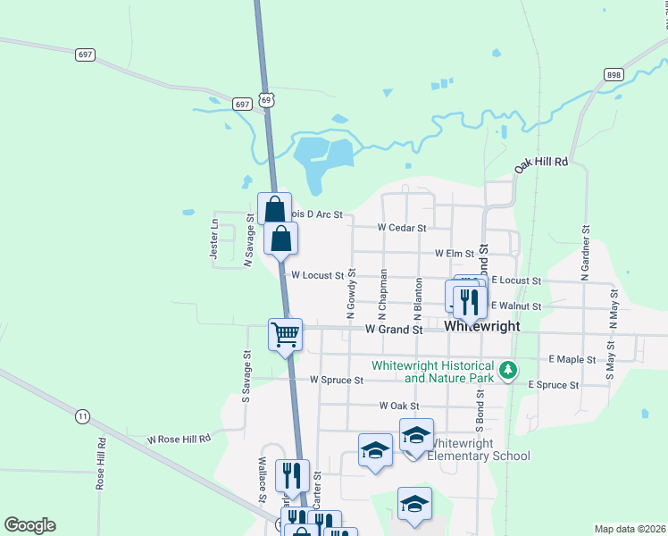 map of restaurants, bars, coffee shops, grocery stores, and more near 207 West Locust Street in Whitewright
