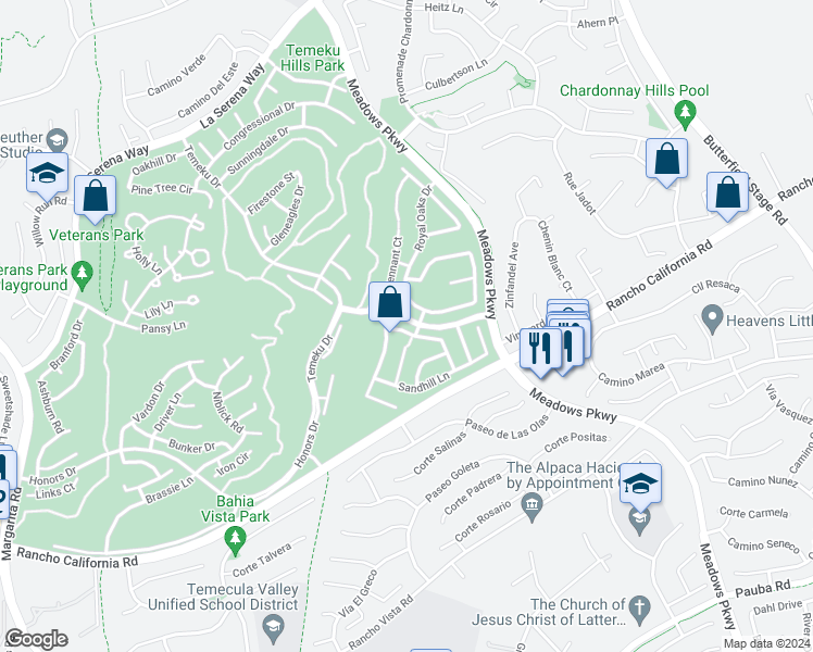 map of restaurants, bars, coffee shops, grocery stores, and more near 41910 Pacific Grove Way in Temecula