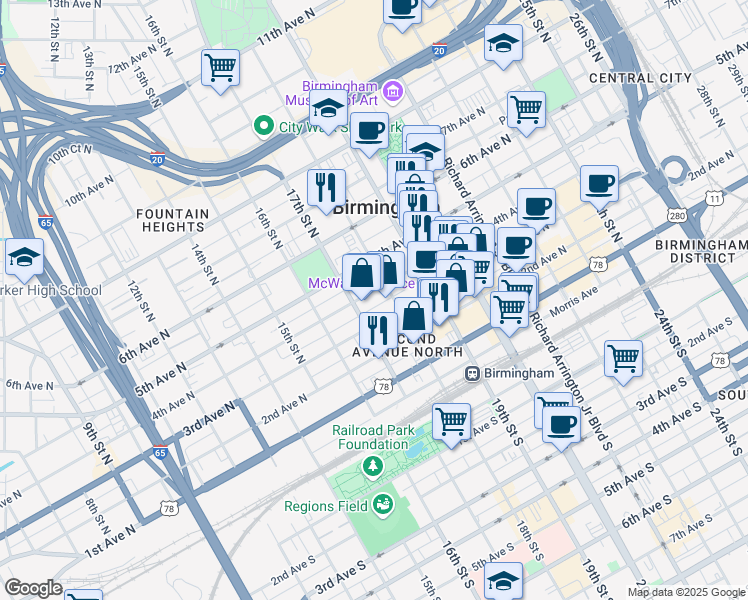 map of restaurants, bars, coffee shops, grocery stores, and more near 1721 4th Avenue North in Birmingham