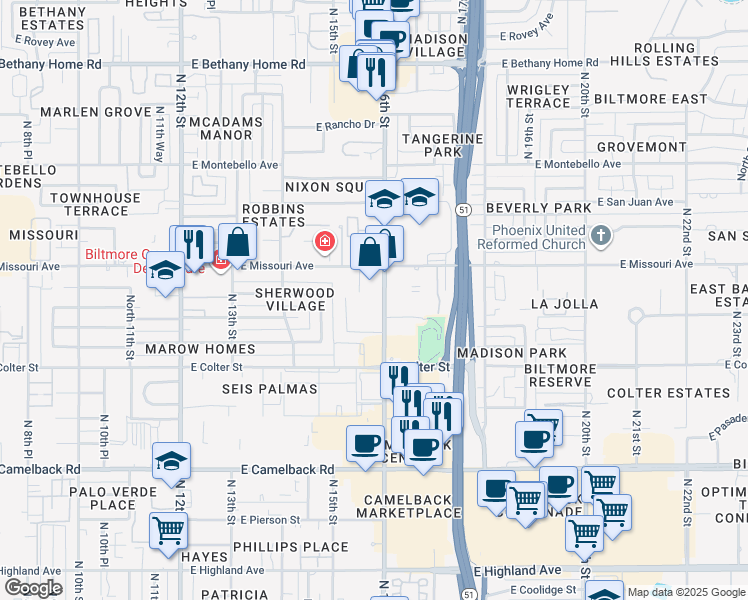 map of restaurants, bars, coffee shops, grocery stores, and more near 1531 East Missouri Avenue in Phoenix