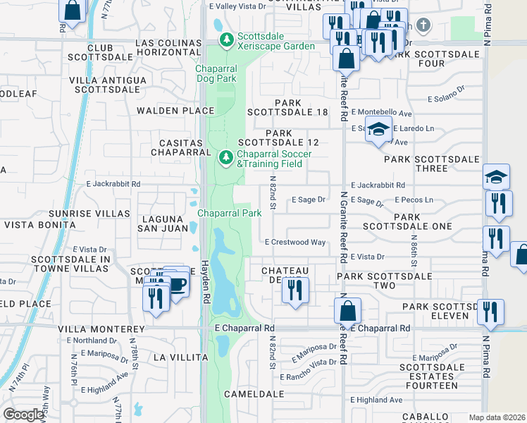 map of restaurants, bars, coffee shops, grocery stores, and more near 5419 North 82nd Street in Scottsdale