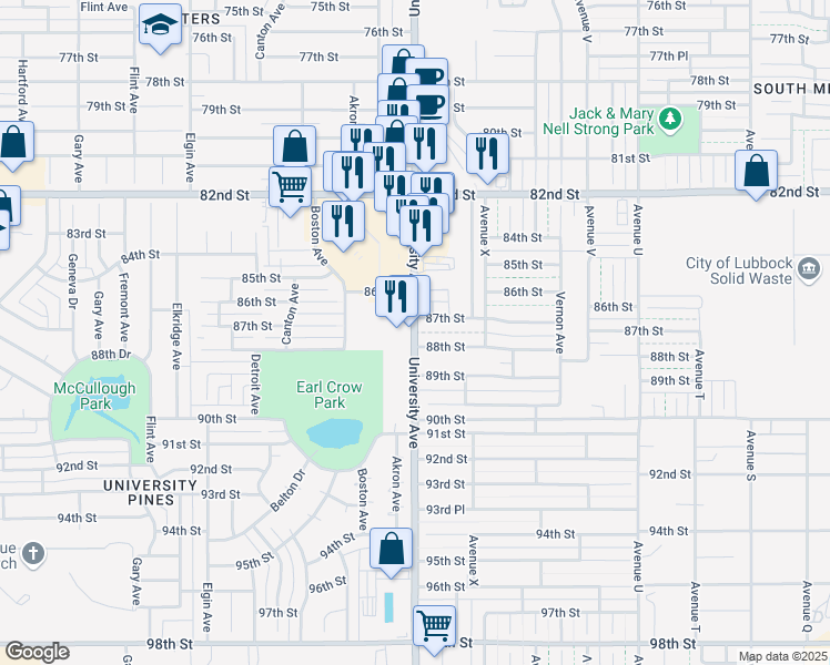 map of restaurants, bars, coffee shops, grocery stores, and more near 8602 University Avenue in Lubbock