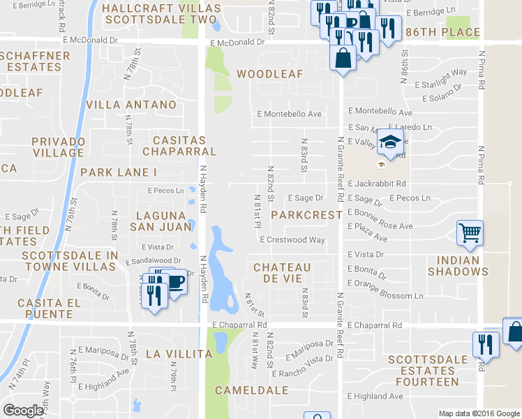map of restaurants, bars, coffee shops, grocery stores, and more near 5419 North 82nd Street in Scottsdale