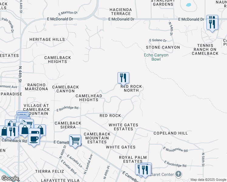 map of restaurants, bars, coffee shops, grocery stores, and more near 4926 East Red Rock Drive in Phoenix