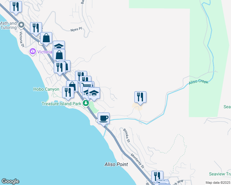 map of restaurants, bars, coffee shops, grocery stores, and more near 21625 Ocean Vista Drive in Laguna Beach