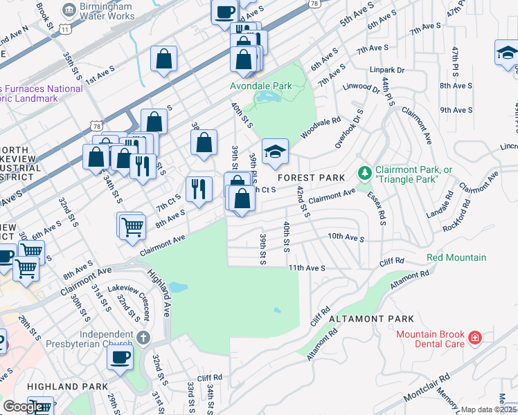 map of restaurants, bars, coffee shops, grocery stores, and more near 3987 8th Court South in Birmingham