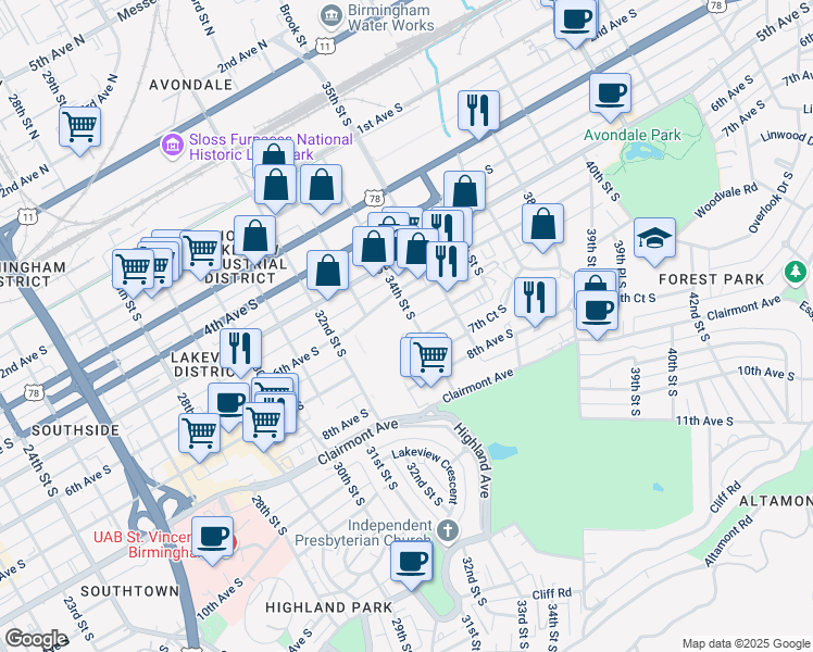 map of restaurants, bars, coffee shops, grocery stores, and more near 609 34th Street South in Birmingham