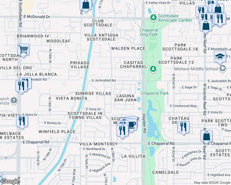 map of restaurants, bars, coffee shops, grocery stores, and more near 7851 East Pecos Lane in Scottsdale