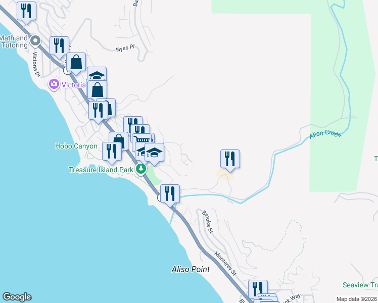 map of restaurants, bars, coffee shops, grocery stores, and more near 21659 Ocean Vista Drive in Laguna Beach