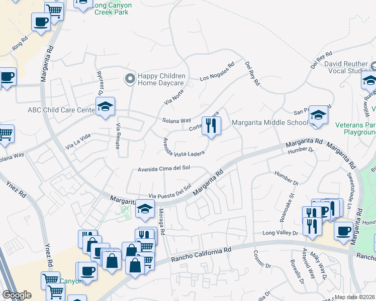 map of restaurants, bars, coffee shops, grocery stores, and more near 29880 Corte Tolano in Temecula