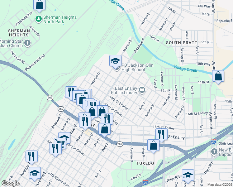 map of restaurants, bars, coffee shops, grocery stores, and more near 1506 Avenue G in Birmingham
