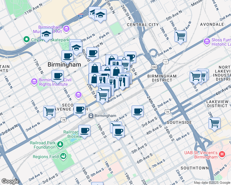 map of restaurants, bars, coffee shops, grocery stores, and more near 2126 1st Avenue North in Birmingham