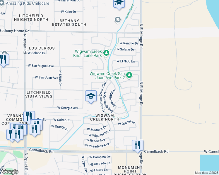 map of restaurants, bars, coffee shops, grocery stores, and more near 5526 North Ormondo Way in Litchfield Park