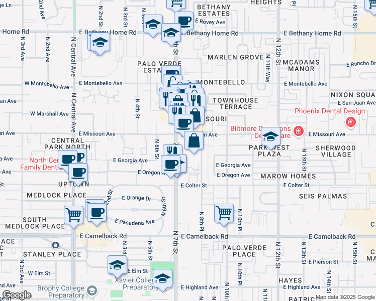 map of restaurants, bars, coffee shops, grocery stores, and more near 777 East Missouri Avenue in Phoenix