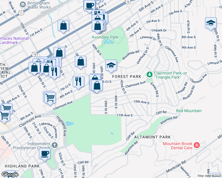 map of restaurants, bars, coffee shops, grocery stores, and more near 3987 8th Court South in Birmingham