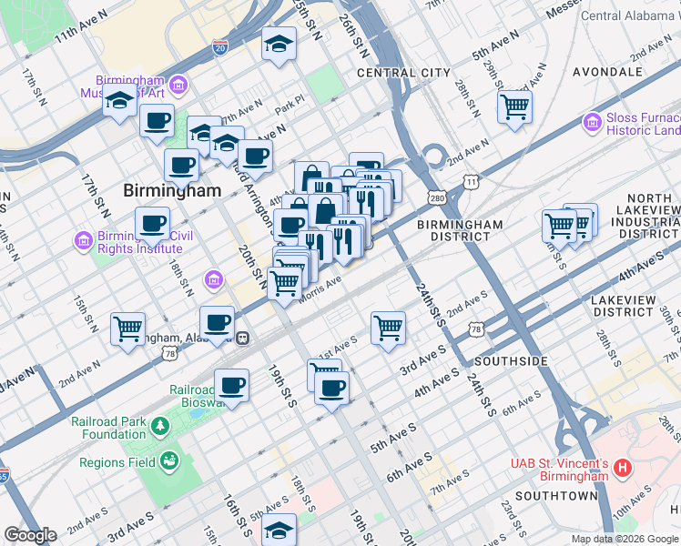 map of restaurants, bars, coffee shops, grocery stores, and more near 61 22nd Street North in Birmingham