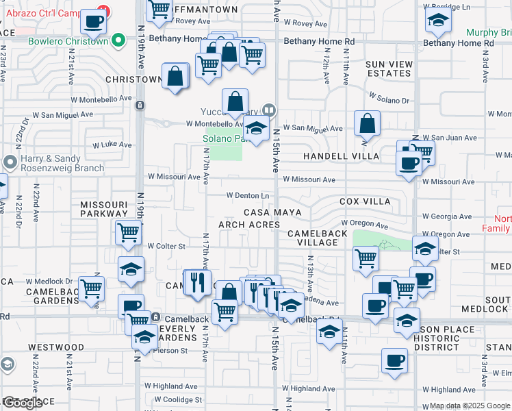 map of restaurants, bars, coffee shops, grocery stores, and more near 1507 West Denton Lane in Phoenix