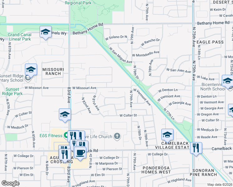 map of restaurants, bars, coffee shops, grocery stores, and more near 7961 West Denton Lane in Glendale