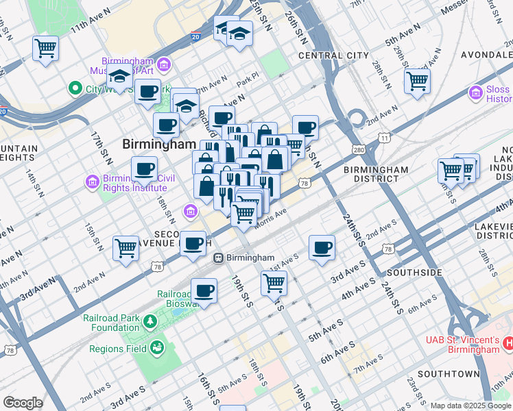 map of restaurants, bars, coffee shops, grocery stores, and more near 2030 2nd Avenue North in Birmingham