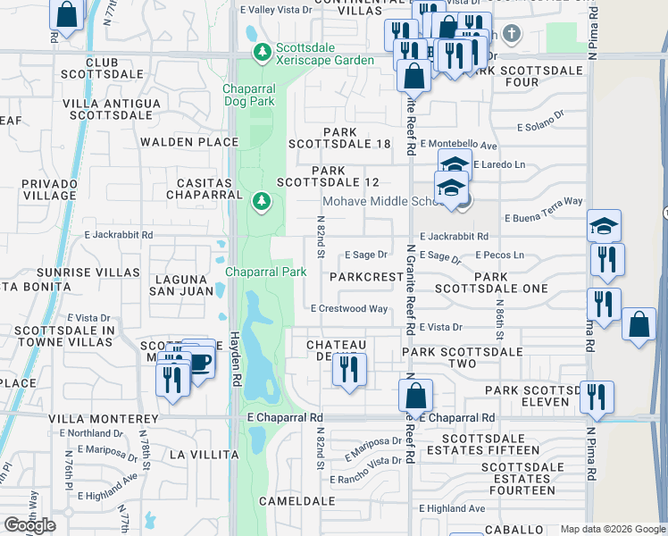map of restaurants, bars, coffee shops, grocery stores, and more near 5419 North 82nd Street in Scottsdale