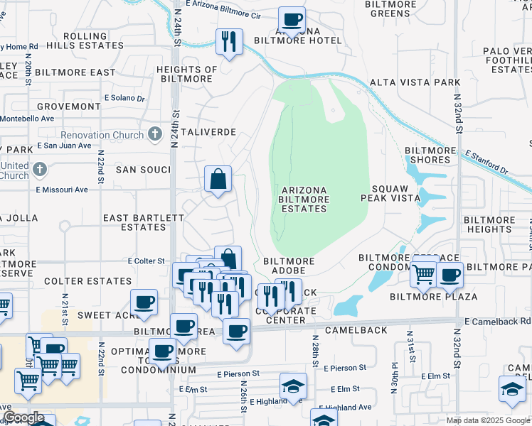 map of restaurants, bars, coffee shops, grocery stores, and more near 35 Biltmore Estate in Phoenix