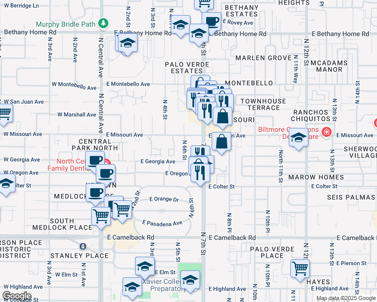 map of restaurants, bars, coffee shops, grocery stores, and more near 5335 North 6th Street in Phoenix