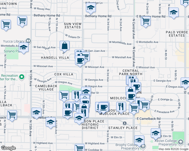map of restaurants, bars, coffee shops, grocery stores, and more near 420 West Vermont Avenue in Phoenix