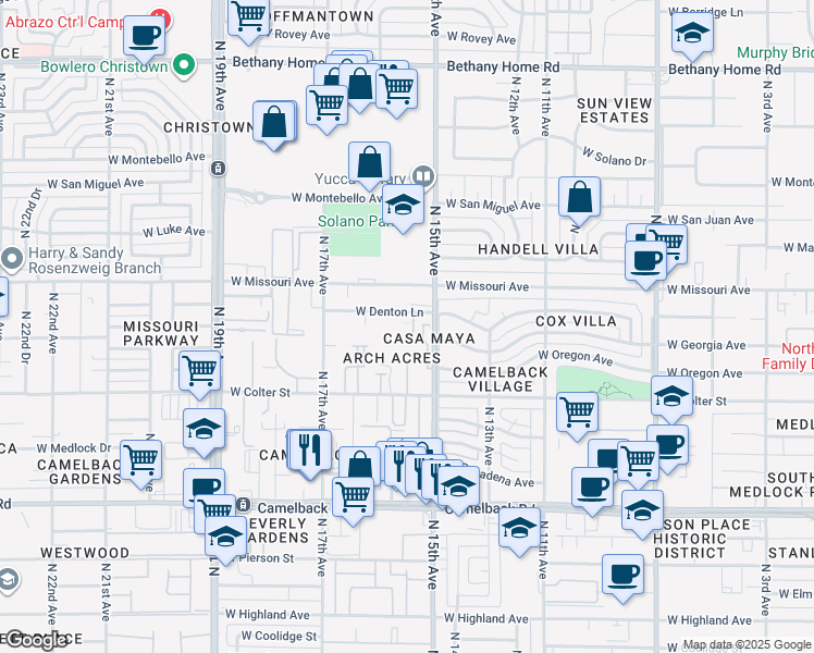 map of restaurants, bars, coffee shops, grocery stores, and more near 1507 West Denton Lane in Phoenix