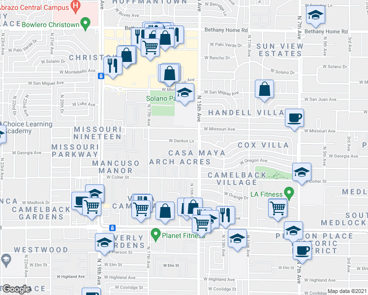 map of restaurants, bars, coffee shops, grocery stores, and more near 1507 West Denton Lane in Phoenix
