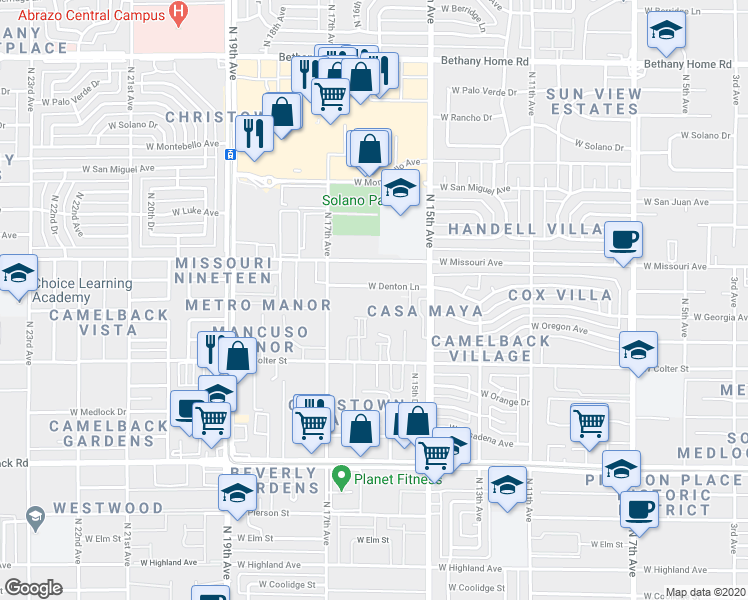 map of restaurants, bars, coffee shops, grocery stores, and more near 1548 West Denton Lane in Phoenix