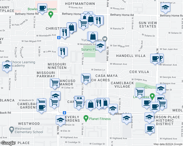 map of restaurants, bars, coffee shops, grocery stores, and more near 1548 West Denton Lane in Phoenix