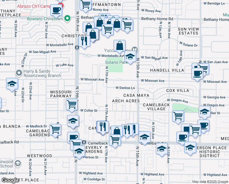map of restaurants, bars, coffee shops, grocery stores, and more near 1633 West Missouri Avenue in Phoenix
