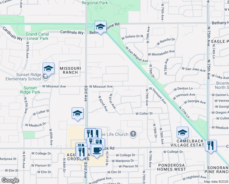 map of restaurants, bars, coffee shops, grocery stores, and more near 5456 North 80th Lane in Glendale