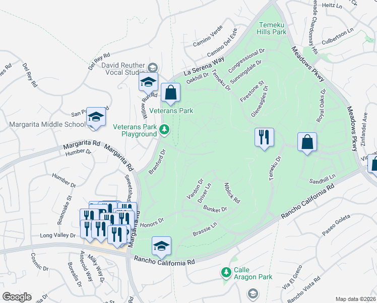 map of restaurants, bars, coffee shops, grocery stores, and more near 3 Aster Lane in Temecula