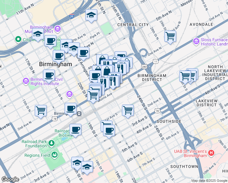 map of restaurants, bars, coffee shops, grocery stores, and more near 2219 1st Avenue North in Birmingham