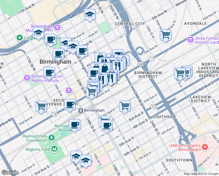 map of restaurants, bars, coffee shops, grocery stores, and more near 2219 1st Avenue North in Birmingham