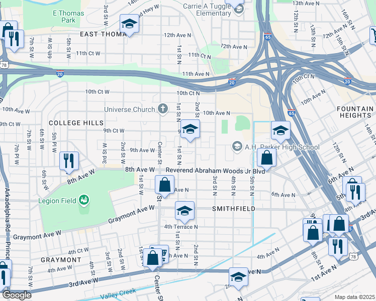 map of restaurants, bars, coffee shops, grocery stores, and more near 952 2nd Street North in Birmingham