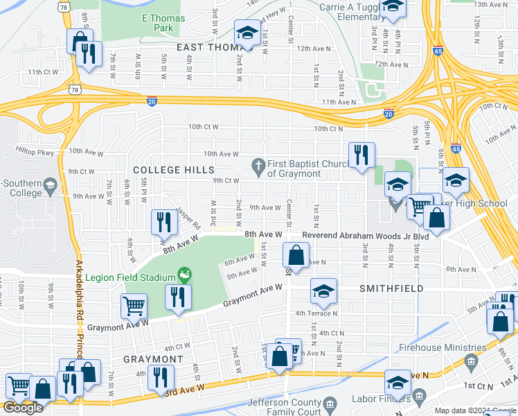 map of restaurants, bars, coffee shops, grocery stores, and more near 112 9th Avenue West in Birmingham