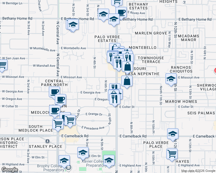 map of restaurants, bars, coffee shops, grocery stores, and more near 5335 North 6th Street in Phoenix