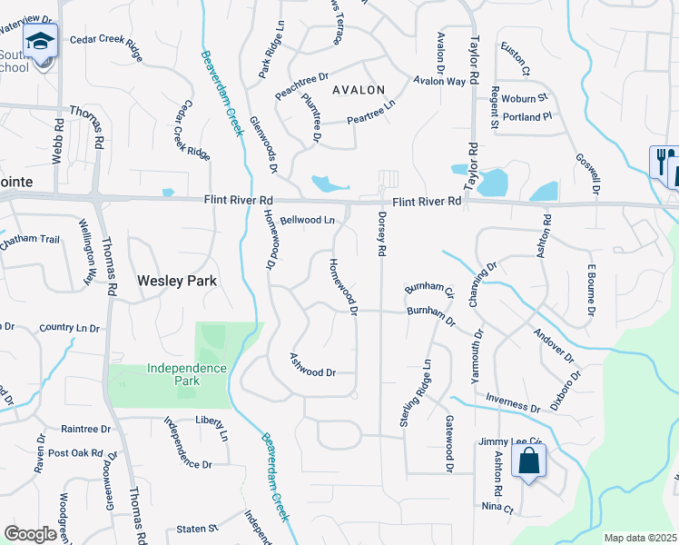 map of restaurants, bars, coffee shops, grocery stores, and more near 8802 Homewood Drive in Riverdale