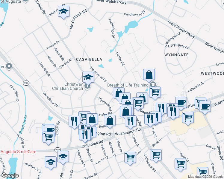 map of restaurants, bars, coffee shops, grocery stores, and more near 143 Anneswood Road in Martinez