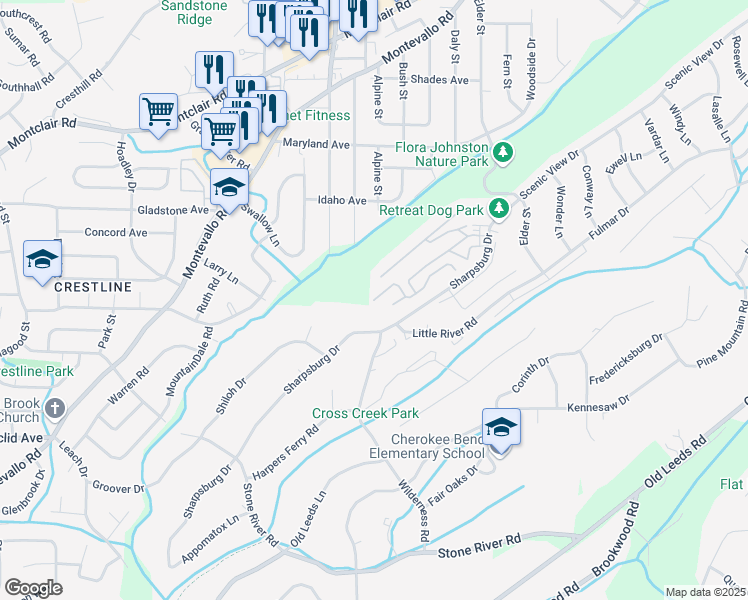 map of restaurants, bars, coffee shops, grocery stores, and more near 4816 Sharpsburg Circle in Birmingham