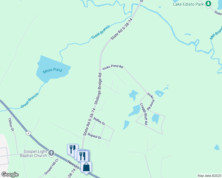 map of restaurants, bars, coffee shops, grocery stores, and more near 121 Promise Lane in Orangeburg