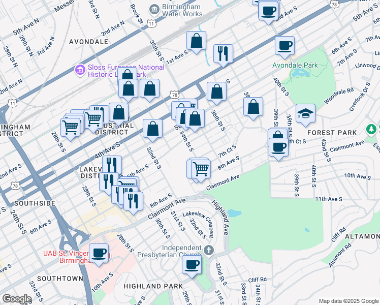 map of restaurants, bars, coffee shops, grocery stores, and more near 614 34th Street South in Birmingham