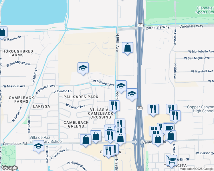 map of restaurants, bars, coffee shops, grocery stores, and more near 9999 West Missouri Avenue in Glendale