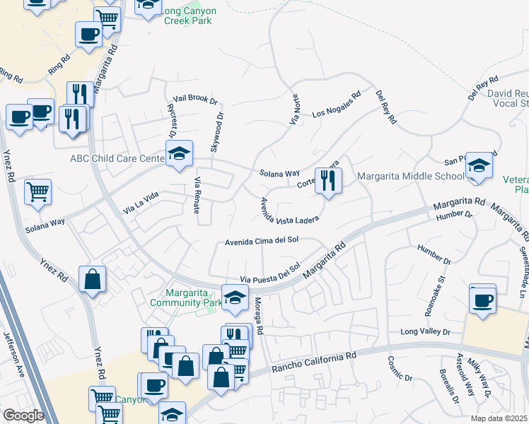 map of restaurants, bars, coffee shops, grocery stores, and more near 39855 Corte Granada in Temecula