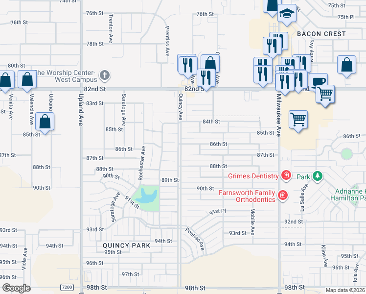map of restaurants, bars, coffee shops, grocery stores, and more near 6816 86th Street in Lubbock