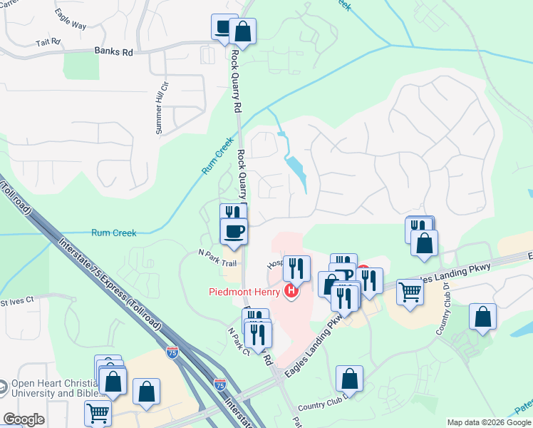map of restaurants, bars, coffee shops, grocery stores, and more near 101 Ivy Manor in Stockbridge