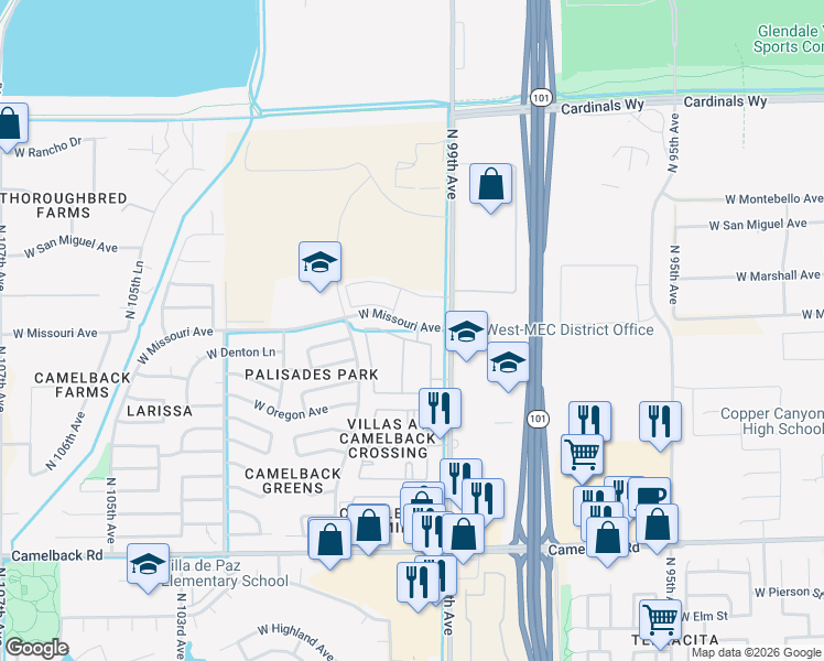 map of restaurants, bars, coffee shops, grocery stores, and more near 9999 West Missouri Avenue in Glendale