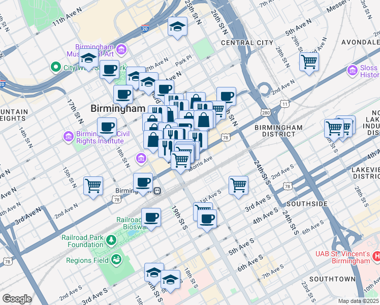map of restaurants, bars, coffee shops, grocery stores, and more near 2100 1st Avenue North in Birmingham